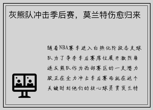 灰熊队冲击季后赛，莫兰特伤愈归来