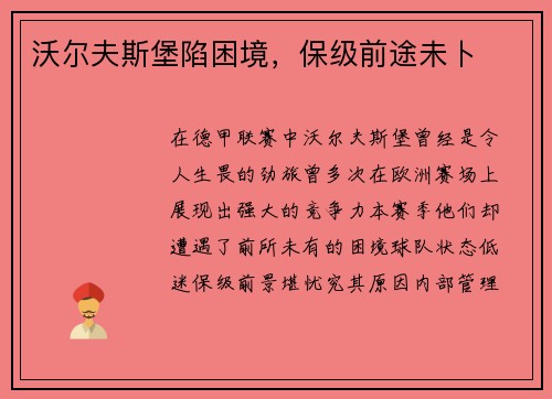 沃尔夫斯堡陷困境，保级前途未卜