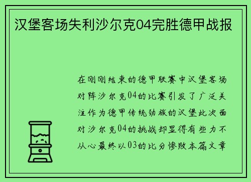 汉堡客场失利沙尔克04完胜德甲战报