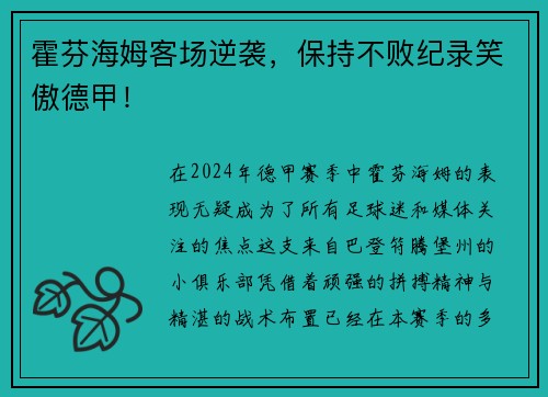 霍芬海姆客场逆袭，保持不败纪录笑傲德甲！