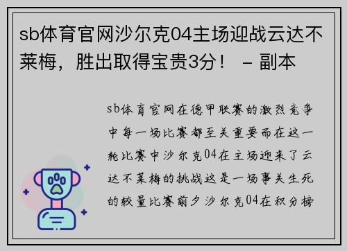 sb体育官网沙尔克04主场迎战云达不莱梅，胜出取得宝贵3分！ - 副本