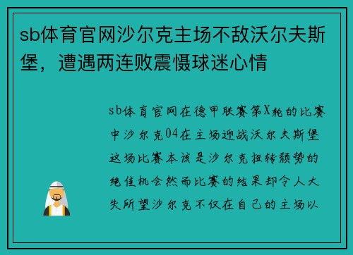 sb体育官网沙尔克主场不敌沃尔夫斯堡，遭遇两连败震慑球迷心情